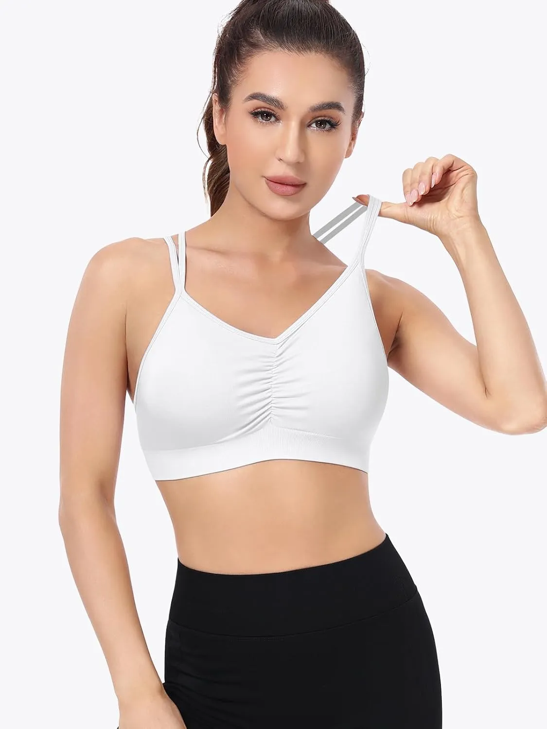 VEQKING Ruched Strappy Sports Bras for Women Seamless Medium Support Padded Breathable Yoga Bra 3 Pack