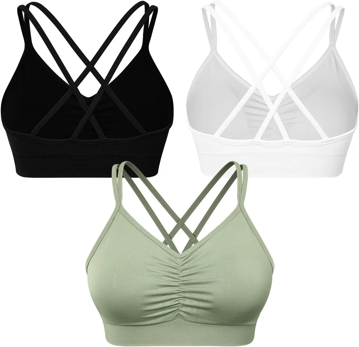 VEQKING Ruched Strappy Sports Bras for Women Seamless Medium Support Padded Breathable Yoga Bra 3 Pack