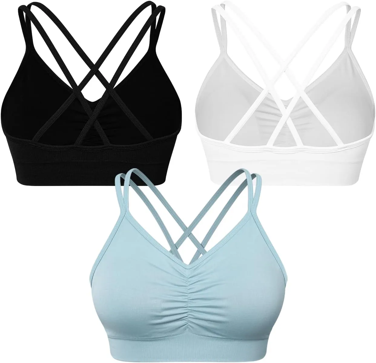 VEQKING Ruched Strappy Sports Bras for Women Seamless Medium Support Padded Breathable Yoga Bra 3 Pack