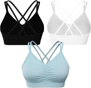 VEQKING Ruched Strappy Sports Bras for Women Seamless Medium Support Padded Breathable Yoga Bra 3 Pack