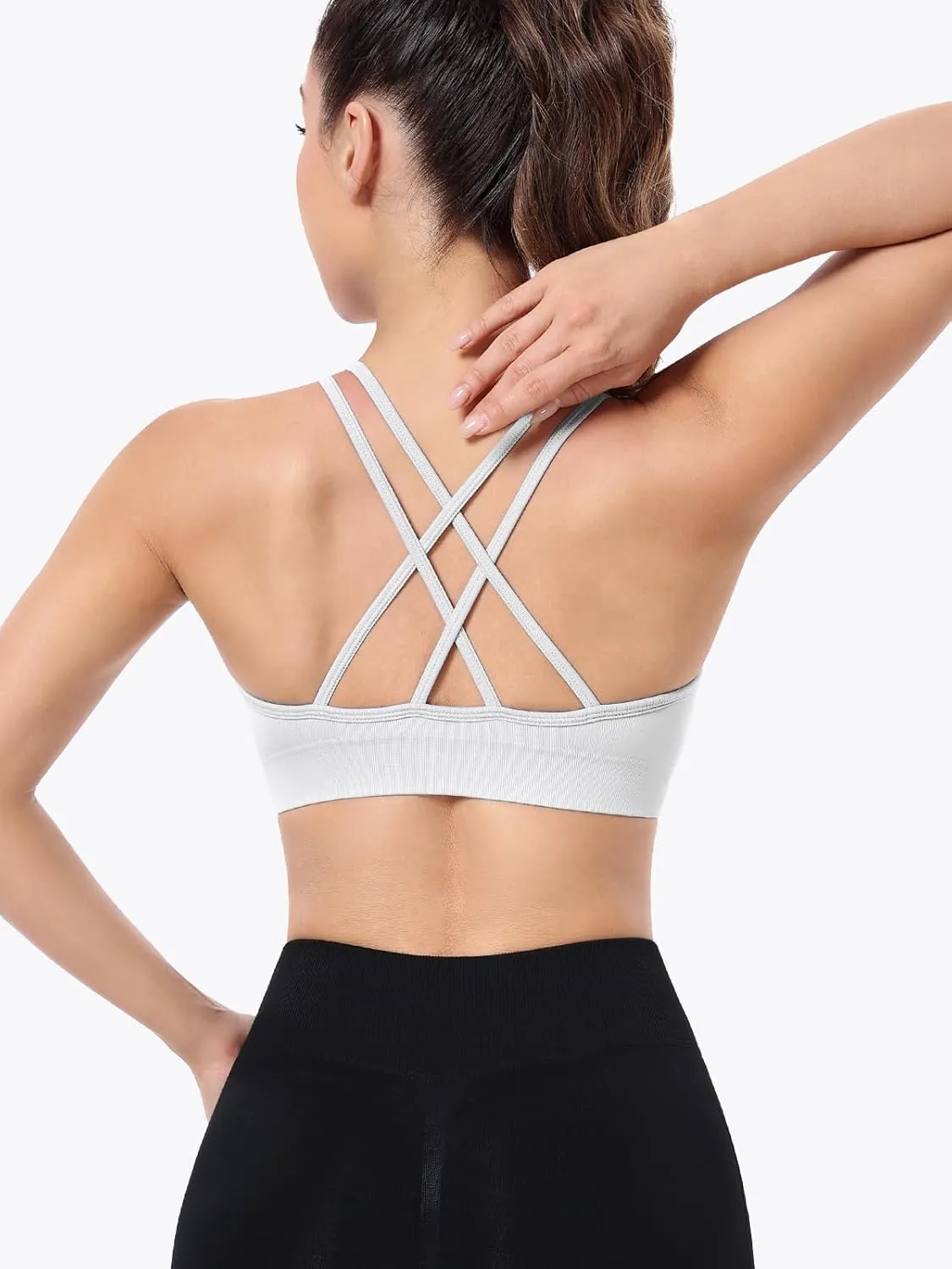 VEQKING Ruched Strappy Sports Bras for Women Seamless Medium Support Padded Breathable Yoga Bra 3 Pack