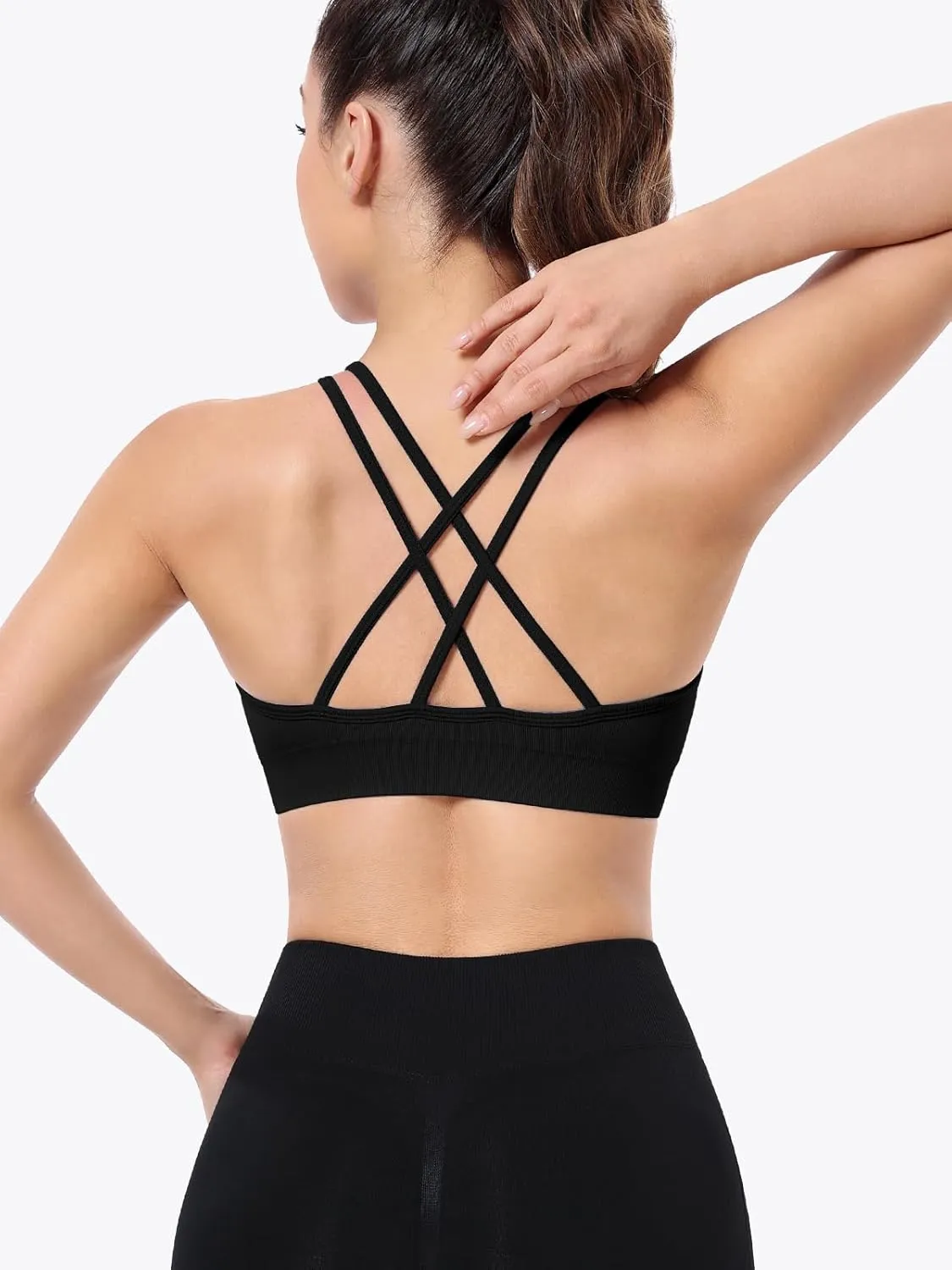 VEQKING Ruched Strappy Sports Bras for Women Seamless Medium Support Padded Breathable Yoga Bra 3 Pack