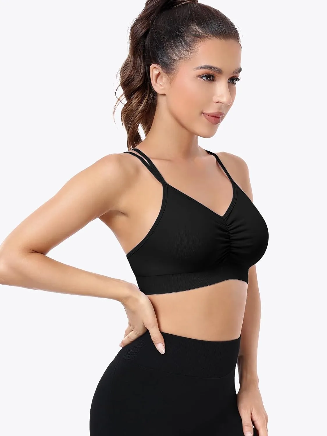 VEQKING Ruched Strappy Sports Bras for Women Seamless Medium Support Padded Breathable Yoga Bra 3 Pack