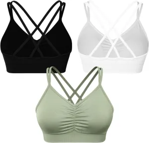 VEQKING Ruched Strappy Sports Bras for Women Seamless Medium Support Padded Breathable Yoga Bra 3 Pack