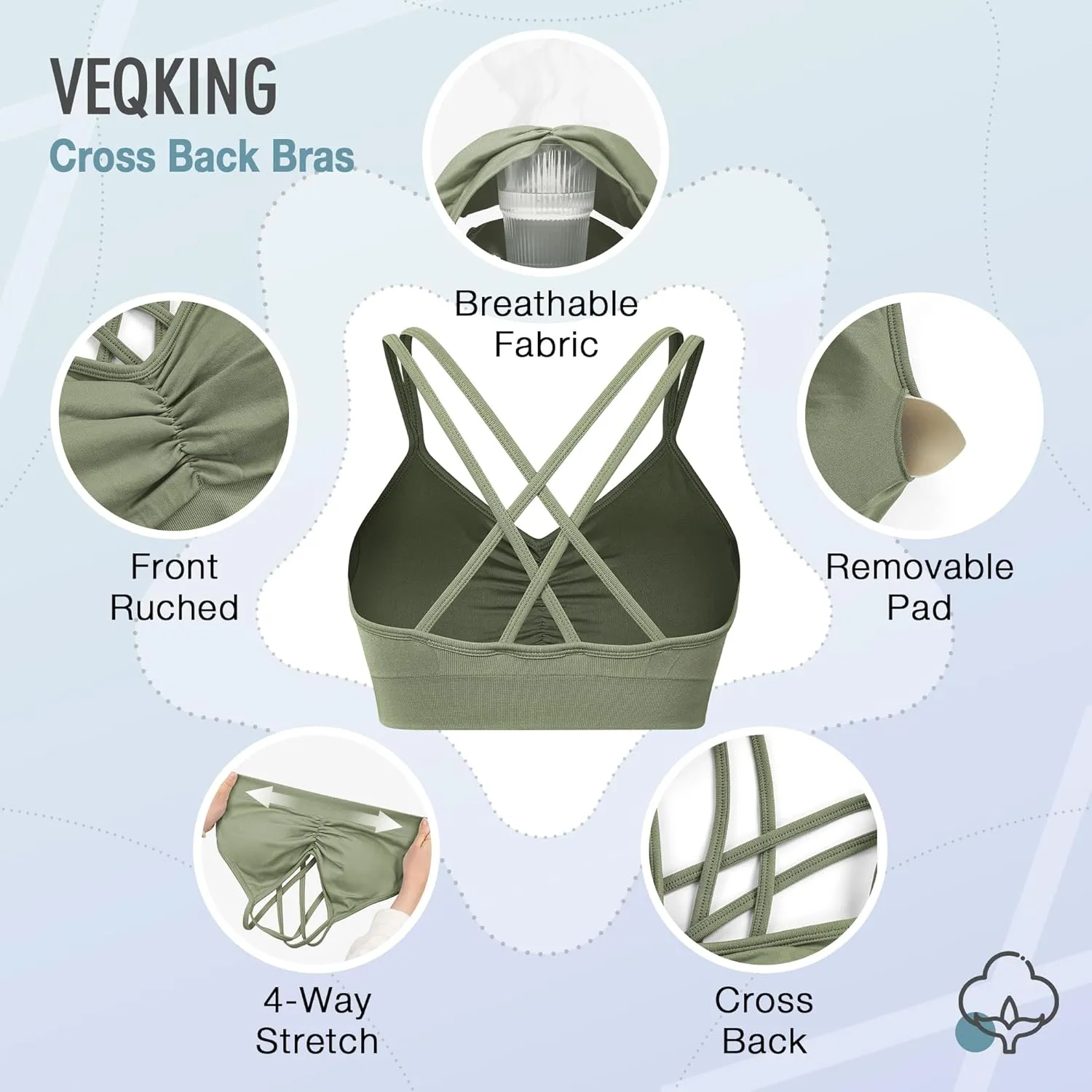 VEQKING Ruched Strappy Sports Bras for Women Seamless Medium Support Padded Breathable Yoga Bra 3 Pack