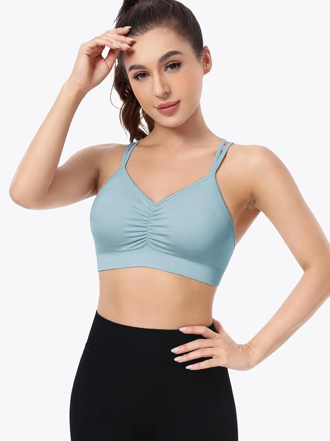 VEQKING Ruched Strappy Sports Bras for Women Seamless Medium Support Padded Breathable Yoga Bra 3 Pack