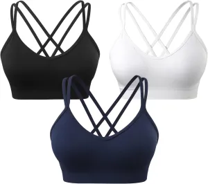 VEQKING Women's Cross Back Sports Bra Padded Strappy Medium Support Yoga Bra for Workout Fitness 3 Pack