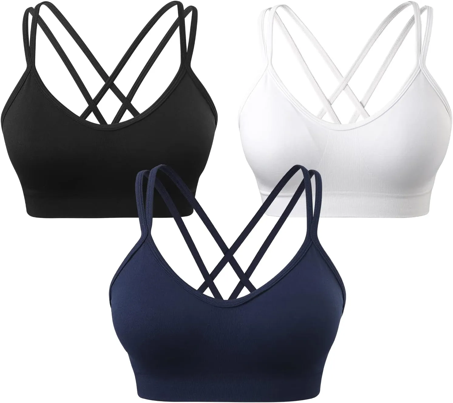 VEQKING Women's Cross Back Sports Bra Padded Strappy Medium Support Yoga Bra for Workout Fitness 3 Pack