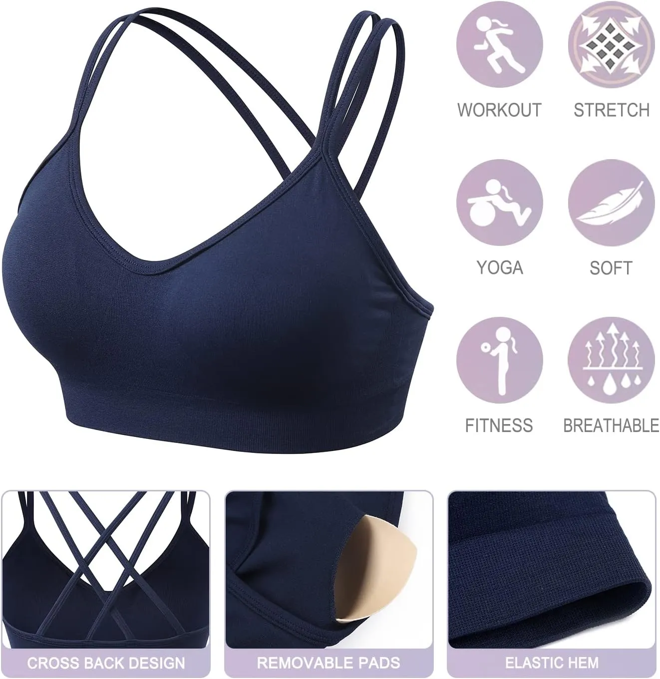 VEQKING Women's Cross Back Sports Bra Padded Strappy Medium Support Yoga Bra for Workout Fitness 3 Pack