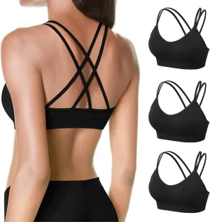 VEQKING Women's Cross Back Sports Bra Padded Strappy Medium Support Yoga Bra for Workout Fitness 3 Pack