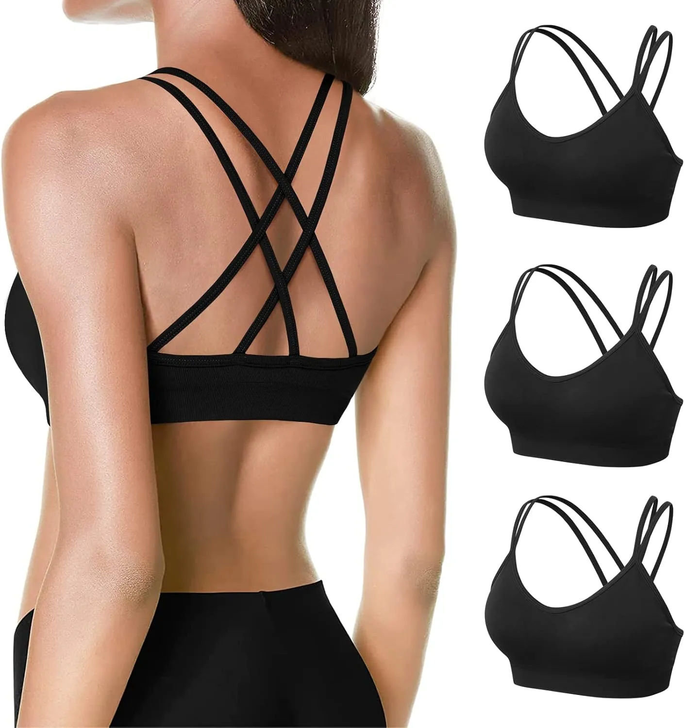 VEQKING Women's Cross Back Sports Bra Padded Strappy Medium Support Yoga Bra for Workout Fitness 3 Pack