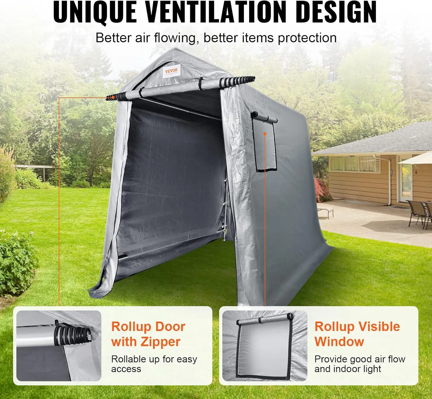 VEVOR Portable Shed Outdoor Storage Shelter, 6x8x7 ft Heavy Duty Instant Waterproof Storage Tent Sheds with Roll-up Zipper Door and Ventilated Windows for Motorcycle, Bike, Garden Tools