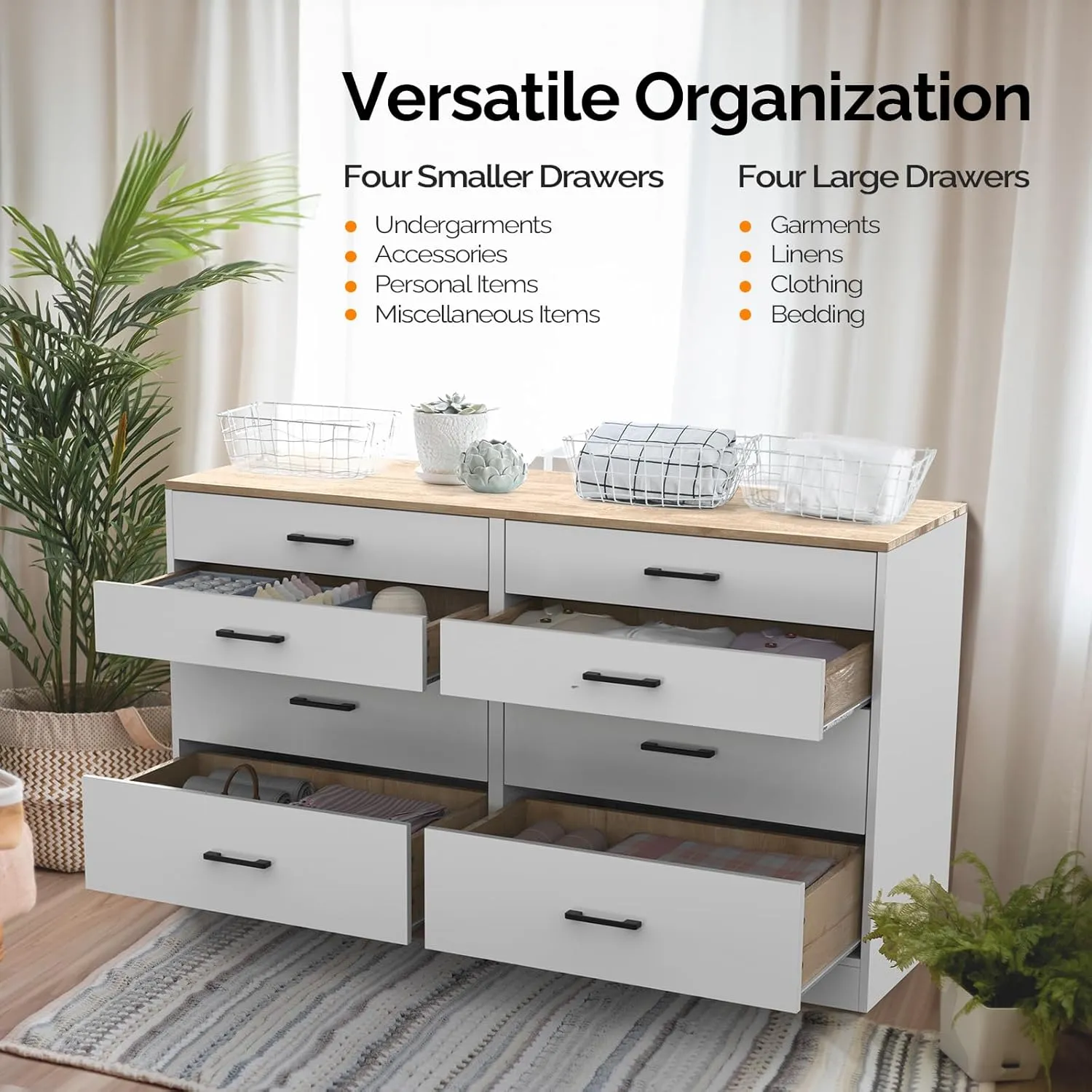 VINGLI 8 Drawer Dresser 56" Long Dresser White, Wood Dresser for Bedroom, Wood Dresser Chest of Drawers, Storage Dresser Cabinet, Modern Dresser, Large Dresser, Nursery Dresser, Brown Top