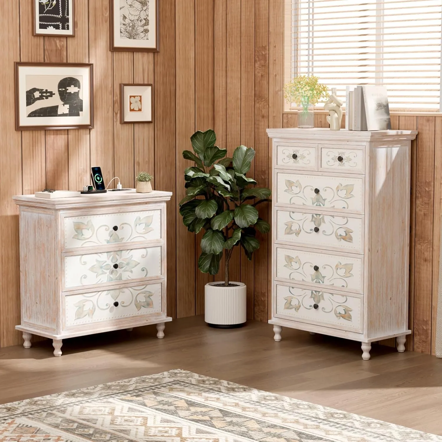 VINGLI Dresser Wood Chest of Drawers for Bedroom, Tall Dresser, Boho Dresser 6 Drawer Chest, Wooden Dresser with Drawers and Solid Wood Legs, Rustic Dresser, Washed White