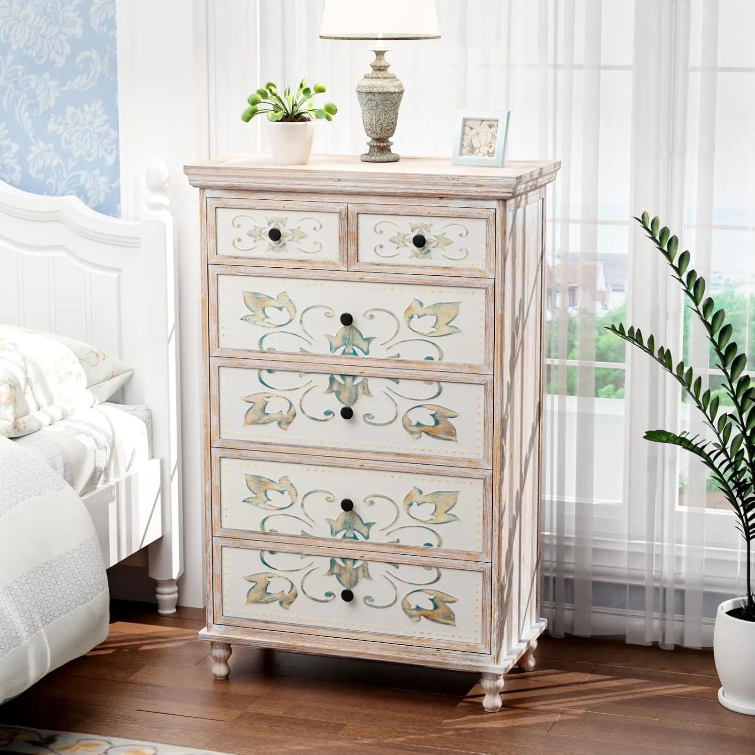 VINGLI Dresser Wood Chest of Drawers for Bedroom, Tall Dresser, Boho Dresser 6 Drawer Chest, Wooden Dresser with Drawers and Solid Wood Legs, Rustic Dresser, Washed White