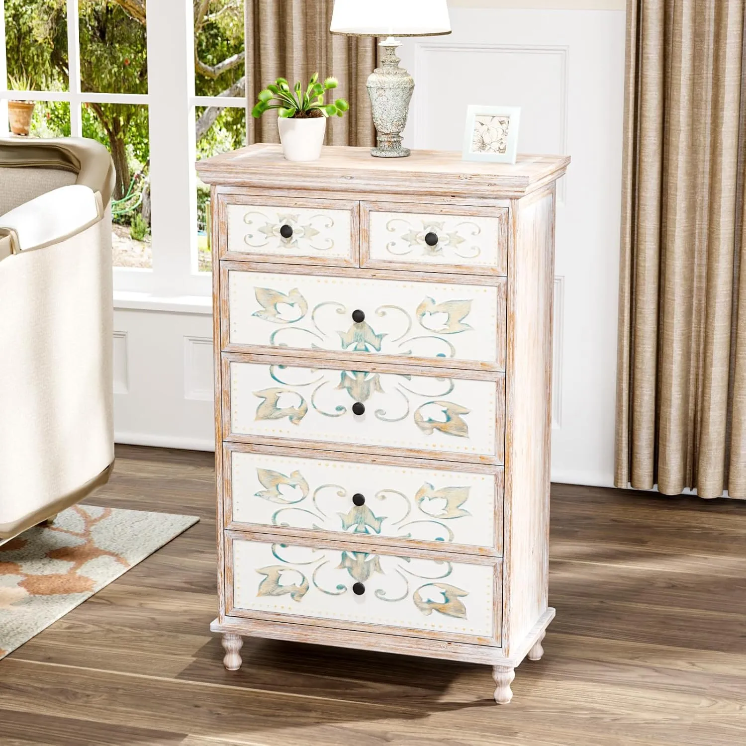 VINGLI Dresser Wood Chest of Drawers for Bedroom, Tall Dresser, Boho Dresser 6 Drawer Chest, Wooden Dresser with Drawers and Solid Wood Legs, Rustic Dresser, Washed White
