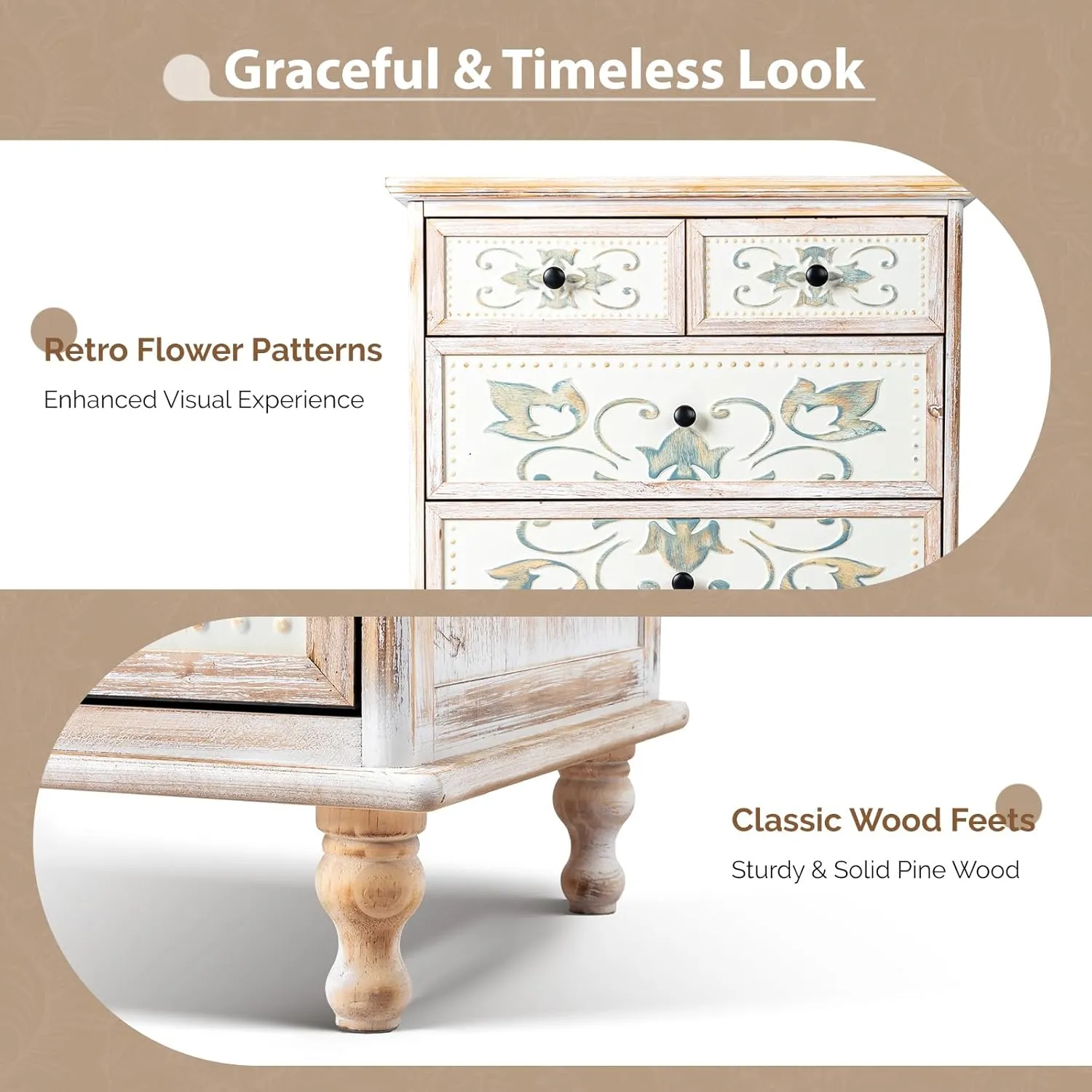 VINGLI Dresser Wood Chest of Drawers for Bedroom, Tall Dresser, Boho Dresser 6 Drawer Chest, Wooden Dresser with Drawers and Solid Wood Legs, Rustic Dresser, Washed White