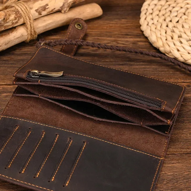 Vintage Brown Bifold Long Purse Genuine Leather Long Wallet