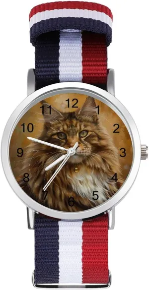 Vintage Cat Oil Painting Unisex Watch Lightweight Breathable Woven Nylon Wrist Strap Watch with Metal Buckle