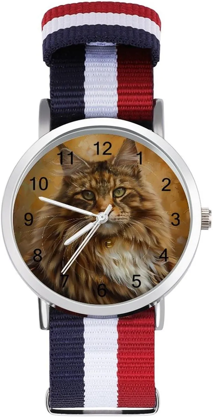 Vintage Cat Oil Painting Unisex Watch Lightweight Breathable Woven Nylon Wrist Strap Watch with Metal Buckle