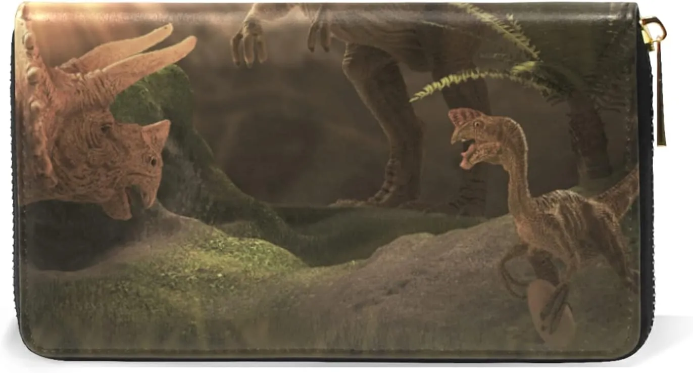Vintage Giant Dinosaur Destroys the Park Leather Long Wallet Organizer with Zipper Purse Clutch Bag for Women Men