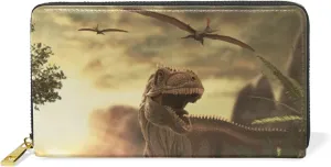 Vintage Giant Dinosaur Destroys the Park Leather Long Wallet Organizer with Zipper Purse Clutch Bag for Women Men