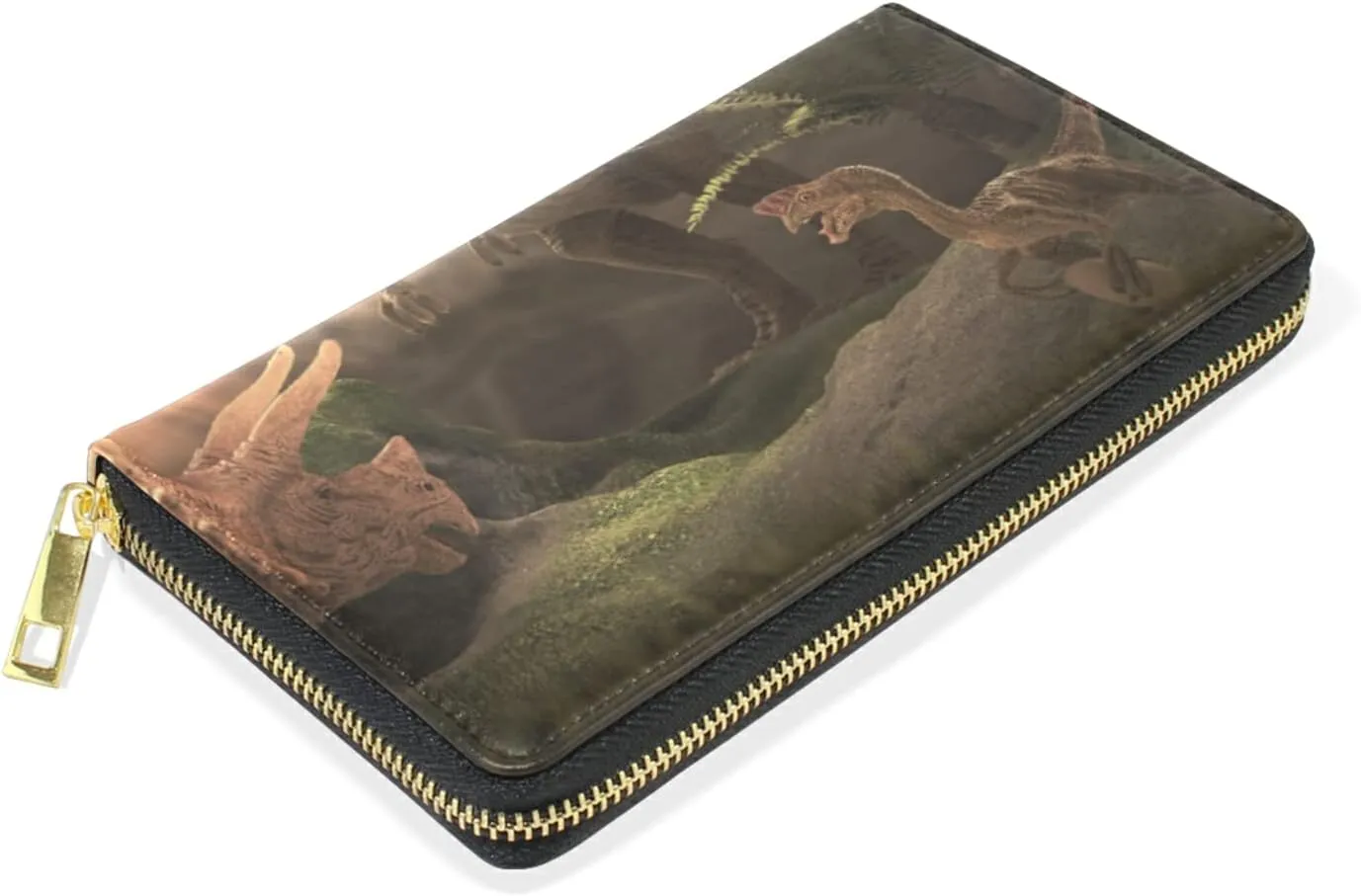 Vintage Giant Dinosaur Destroys the Park Leather Long Wallet Organizer with Zipper Purse Clutch Bag for Women Men