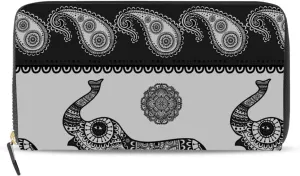 Vintage Indian Tribal Enthic Elephants Black White Leather Long Wallet Organizer with Zipper Purse Clutch Bag for Women Men Key Card Coin Passport Checkbook 8 x 4 inch
