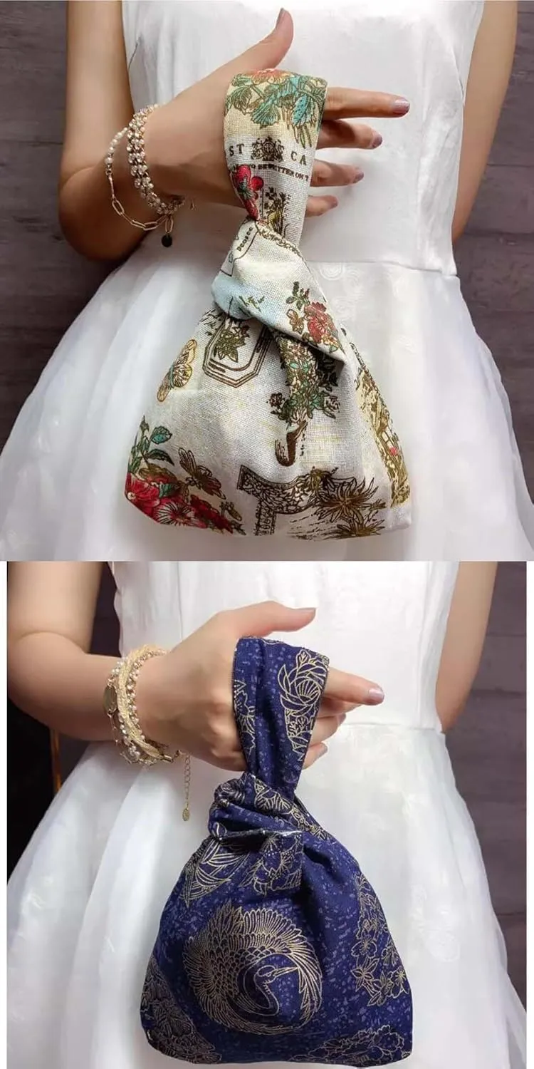 Vintage Japanese Yukata Kimono Crane Handbag Wristlet Bag - Small Coin Tote Handle Bag Knot Pouch for Women