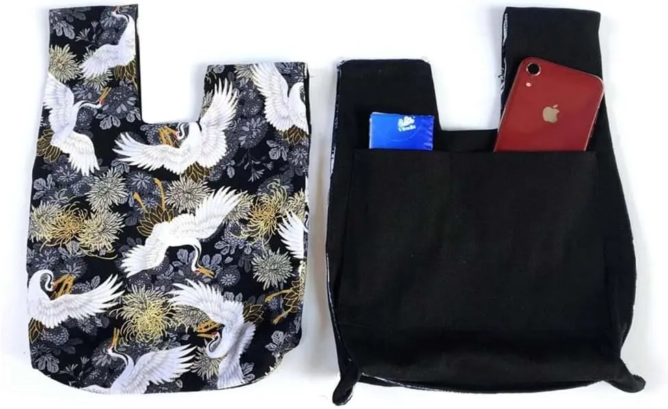 Vintage Japanese Yukata Kimono Crane Handbag Wristlet Bag - Small Coin Tote Handle Bag Knot Pouch for Women