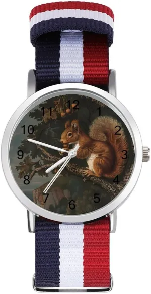 Vintage Squirrel Tree Branches Unisex Watch Lightweight Breathable Woven Nylon Wrist Strap Watch with Metal Buckle