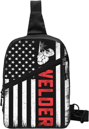 Vintage Welder American Flag Welding Portable Sling Bags Packable Crossbody Bag Foldable Sport Daypack Reusable Shoulder Backpack Diagonally Chest Bag for Workout Travel