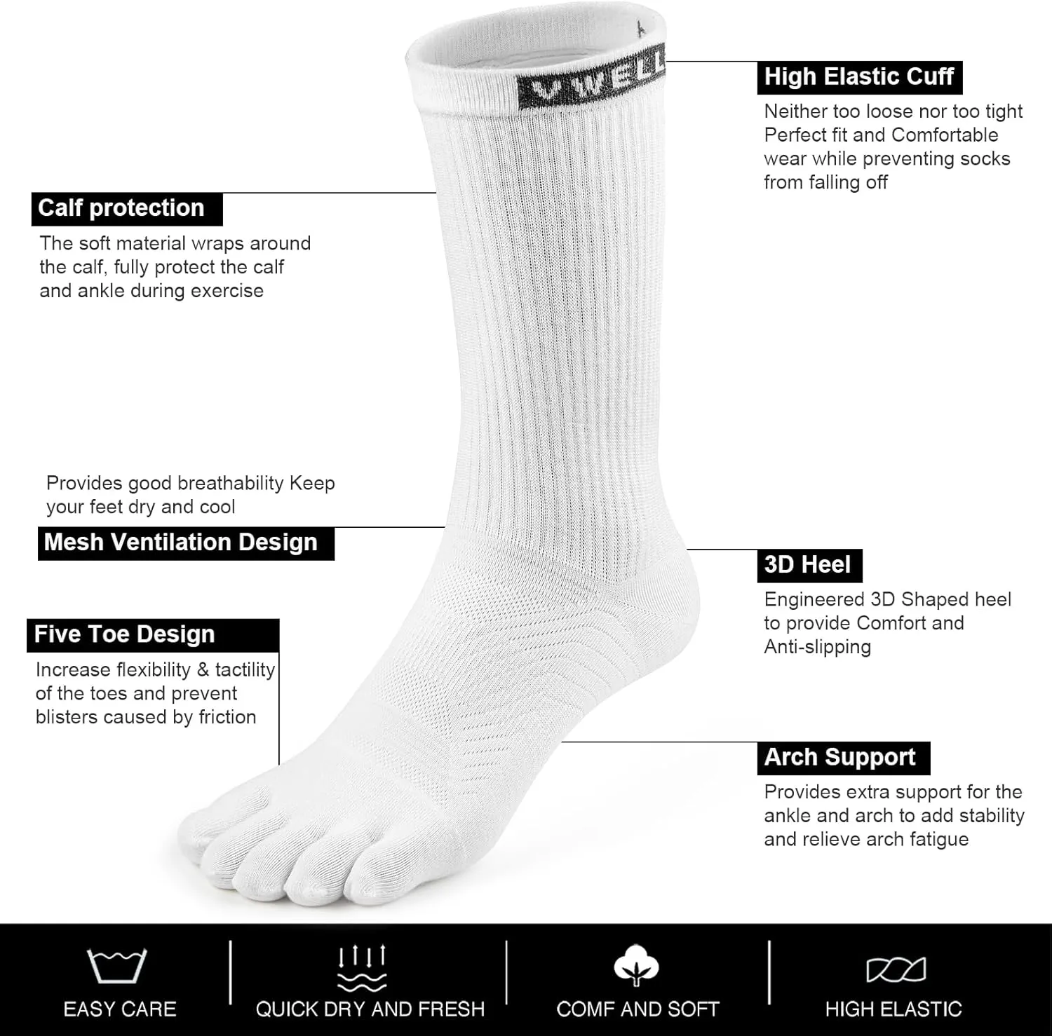 VWELL Toe Socks for Men Women Running COOLMAX Mid-Calf Finger Socks Athletic Breathable Five Toe Design Quick Dry, 3Pairs
