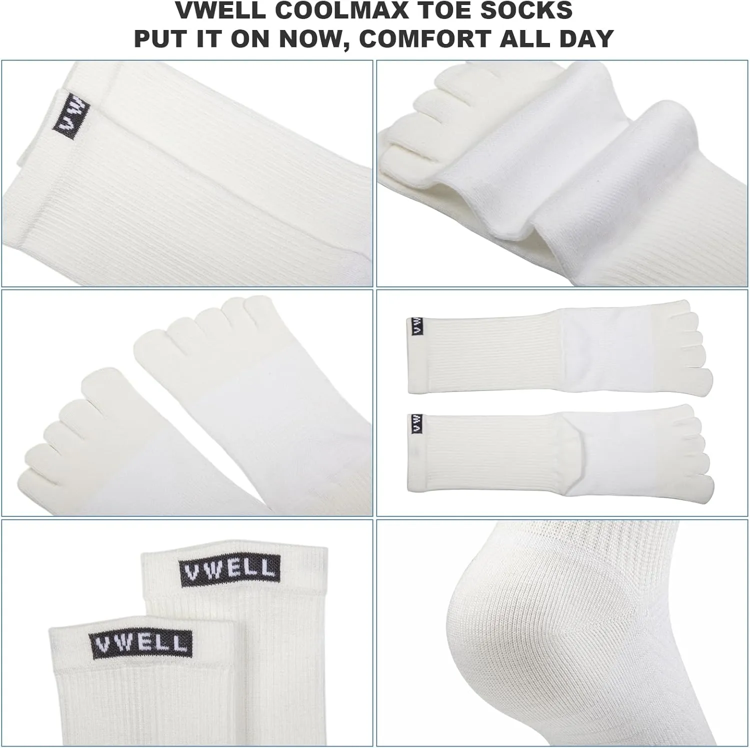 VWELL Toe Socks for Men Women Running COOLMAX Mid-Calf Finger Socks Athletic Breathable Five Toe Design Quick Dry, 3Pairs