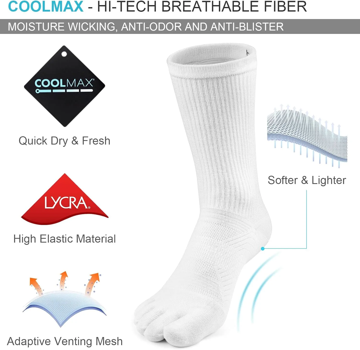 VWELL Toe Socks for Men Women Running COOLMAX Mid-Calf Finger Socks Athletic Breathable Five Toe Design Quick Dry, 3Pairs