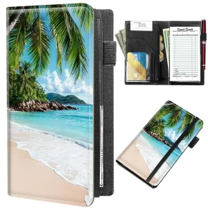 Waiter Book Server Wallet-9 x 5" PU Leather Waitress Book with Zipper,Check Holder & Money Pockets-Multi-Pocket Organizer for Bills,Cards,Pens (Fits Server Apron)-Beautiful Beach Palm Trees