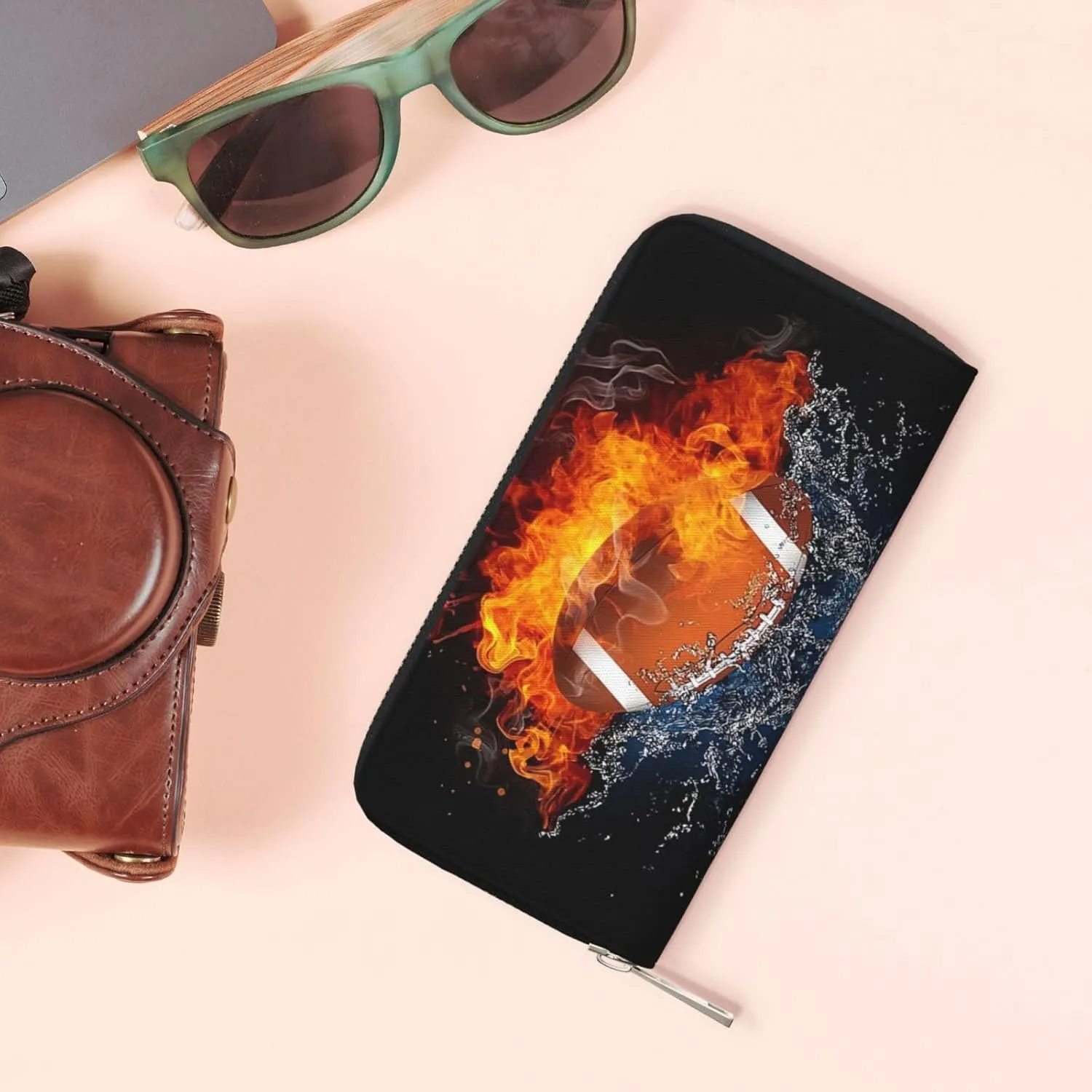 Wallet for Men PU Leather Credit Card Wallet, Cool Cash Clutch Long Purse Billfold with Zipper Coin Pocket Gift for Him Husband and Boyfriend Cool Water Fire Rugby American Football 020