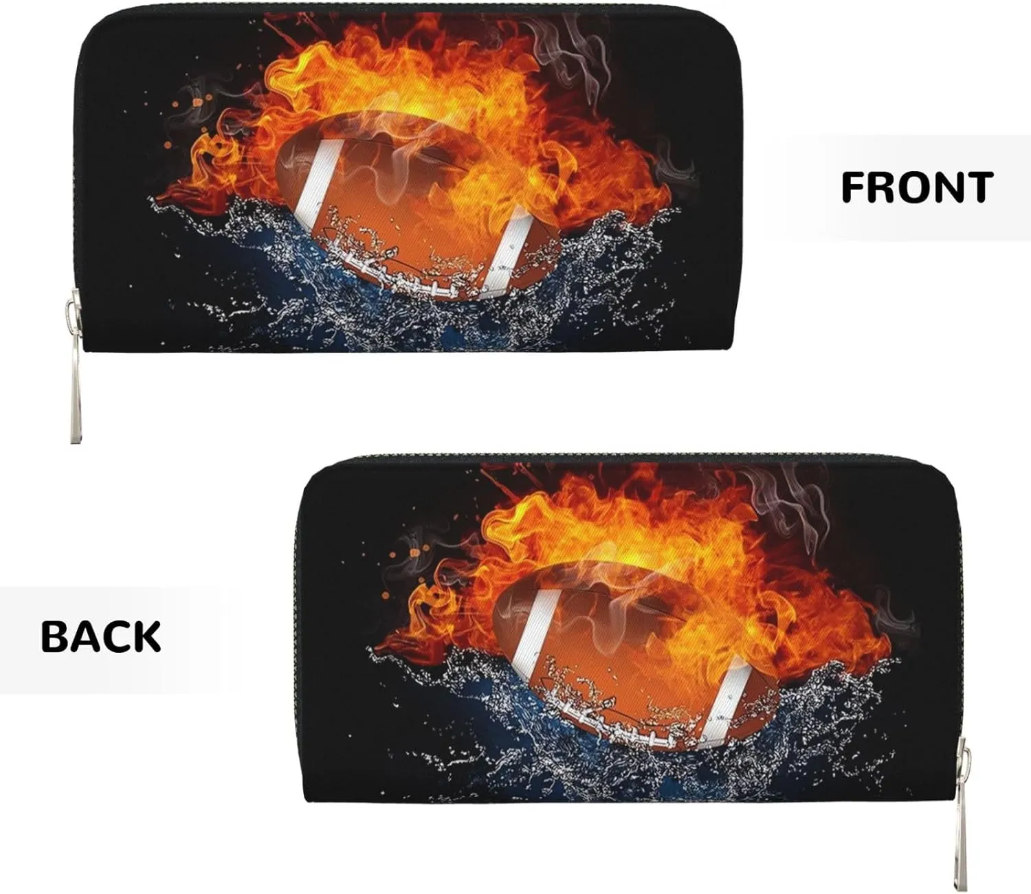 Wallet for Men PU Leather Credit Card Wallet, Cool Cash Clutch Long Purse Billfold with Zipper Coin Pocket Gift for Him Husband and Boyfriend Cool Water Fire Rugby American Football 020