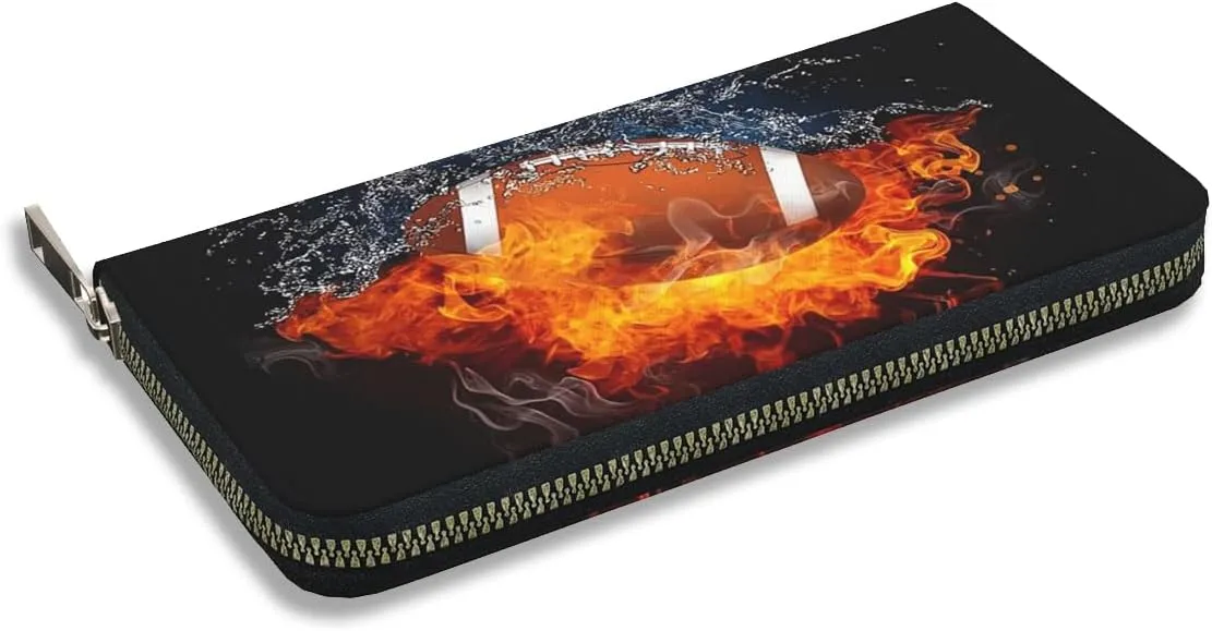 Wallet for Men PU Leather Credit Card Wallet, Cool Cash Clutch Long Purse Billfold with Zipper Coin Pocket Gift for Him Husband and Boyfriend Cool Water Fire Rugby American Football 020