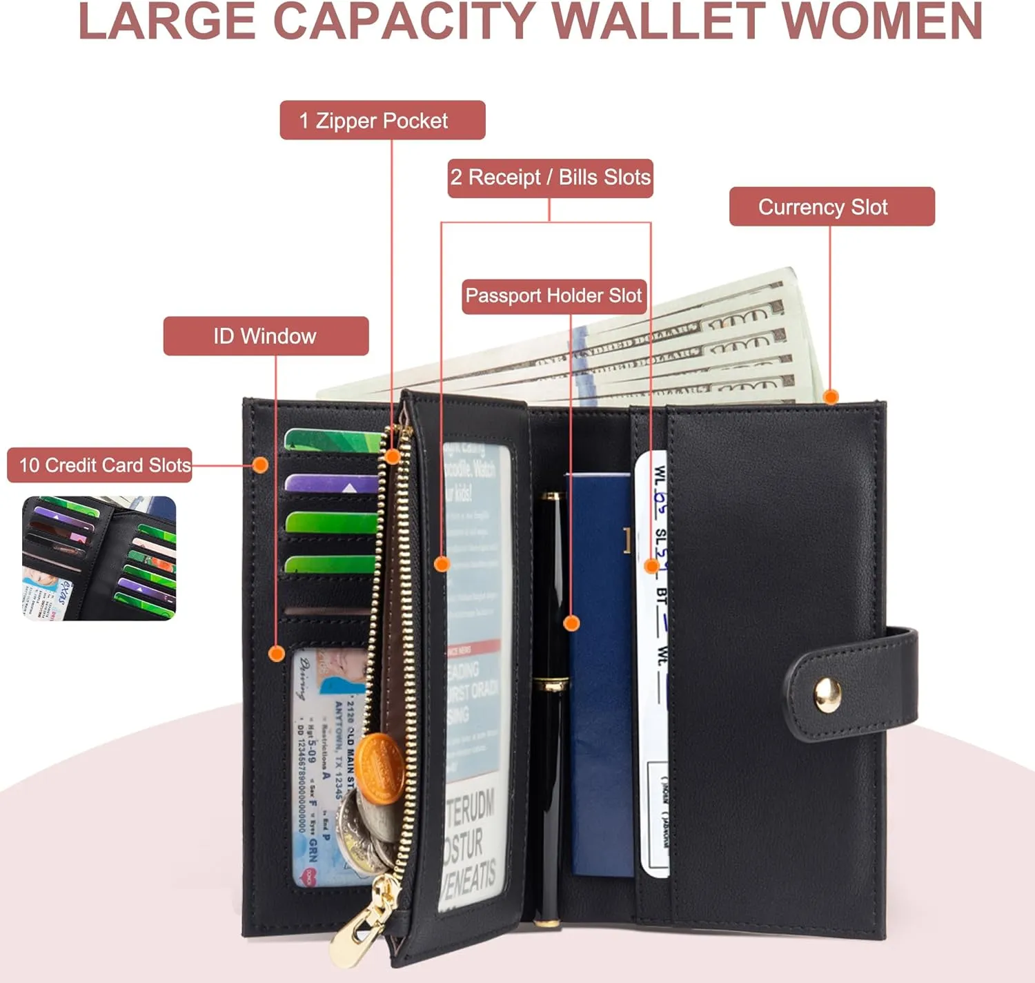Wallet Women RFID Blocking Leather Trifold Clutch Wallet Credit Card Holder Ladies Travel Wallet Purse with Pen Holder