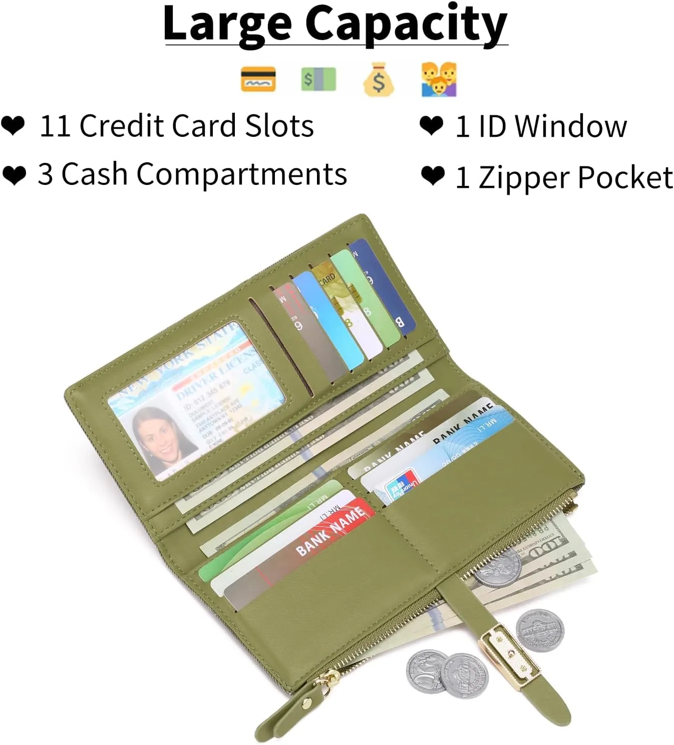 Wallets for Women Leather Large Size RFID Blocking Bifold Multi Card Wallet Case Credit Card Holder for Women with Zipper Pocket