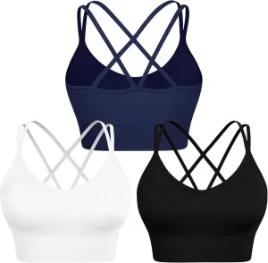 WANAYOU Women Strappy Sports Bra for Women,Cross Back Sports Bra Padded Yoga Bra 3 Pack Medium Support Workout Bra