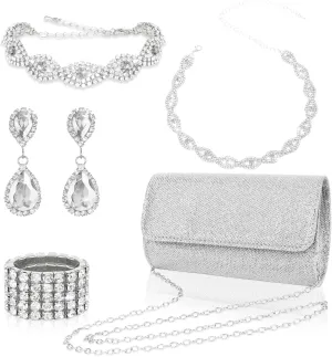 Wecoe 5pcs/set Jewelry Purse Set For Women Clutch Handbags Rhinestone Diamond Earrings Necklaces Bracelets Ring Set Wedding Bridal Homecoming Prom Costume Jewelry Formal Evening Bag Accessories