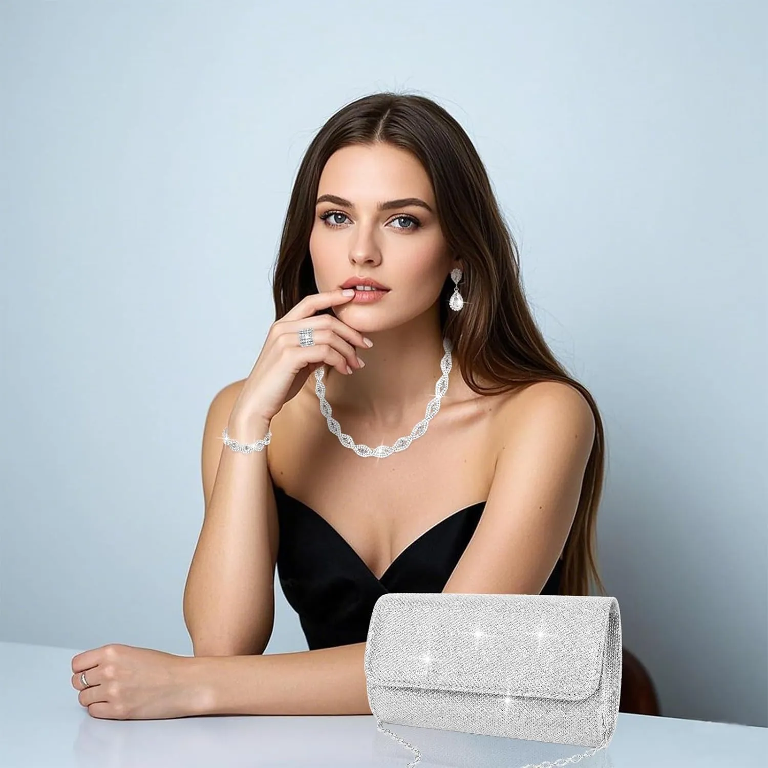 Wecoe 5pcs/set Jewelry Purse Set For Women Clutch Handbags Rhinestone Diamond Earrings Necklaces Bracelets Ring Set Wedding Bridal Homecoming Prom Costume Jewelry Formal Evening Bag Accessories