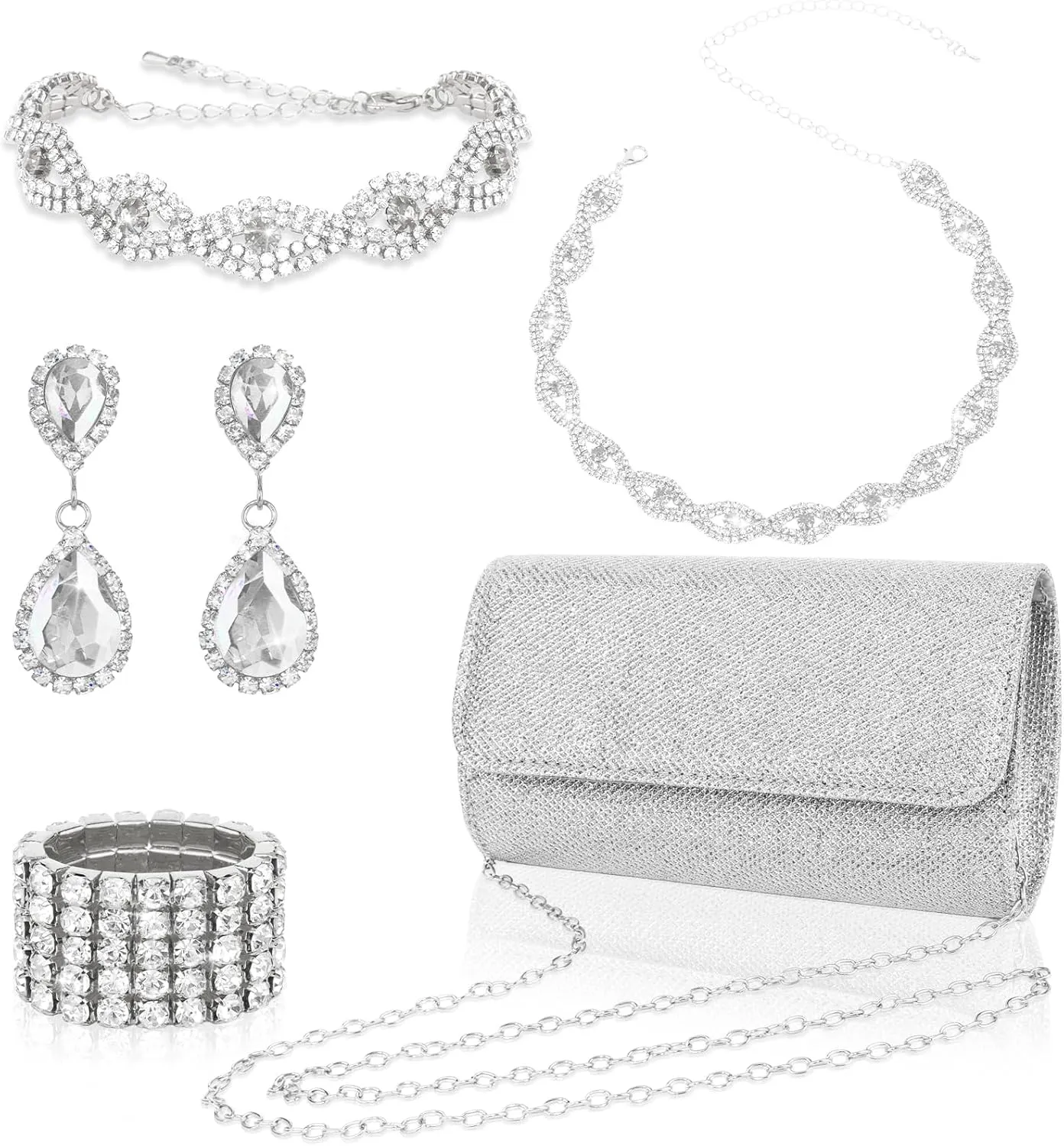 Wecoe 5pcs/set Jewelry Purse Set For Women Clutch Handbags Rhinestone Diamond Earrings Necklaces Bracelets Ring Set Wedding Bridal Homecoming Prom Costume Jewelry Formal Evening Bag Accessories
