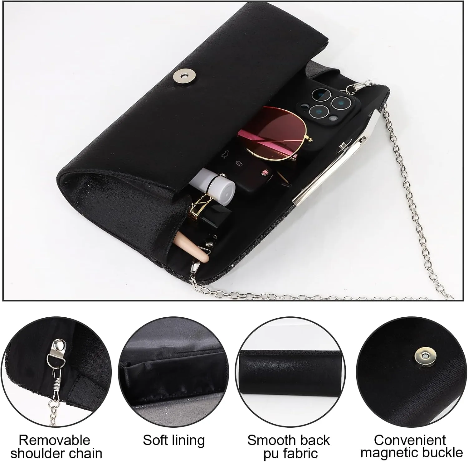 Wecoe 5pcs/set Jewelry Purse Set For Women Clutch Handbags Rhinestone Diamond Necklaces Bracelets Earrings Ring Set Wedding Bridal Prom Homecoming Costume Jewelry Formal Evening Bag Accessories
