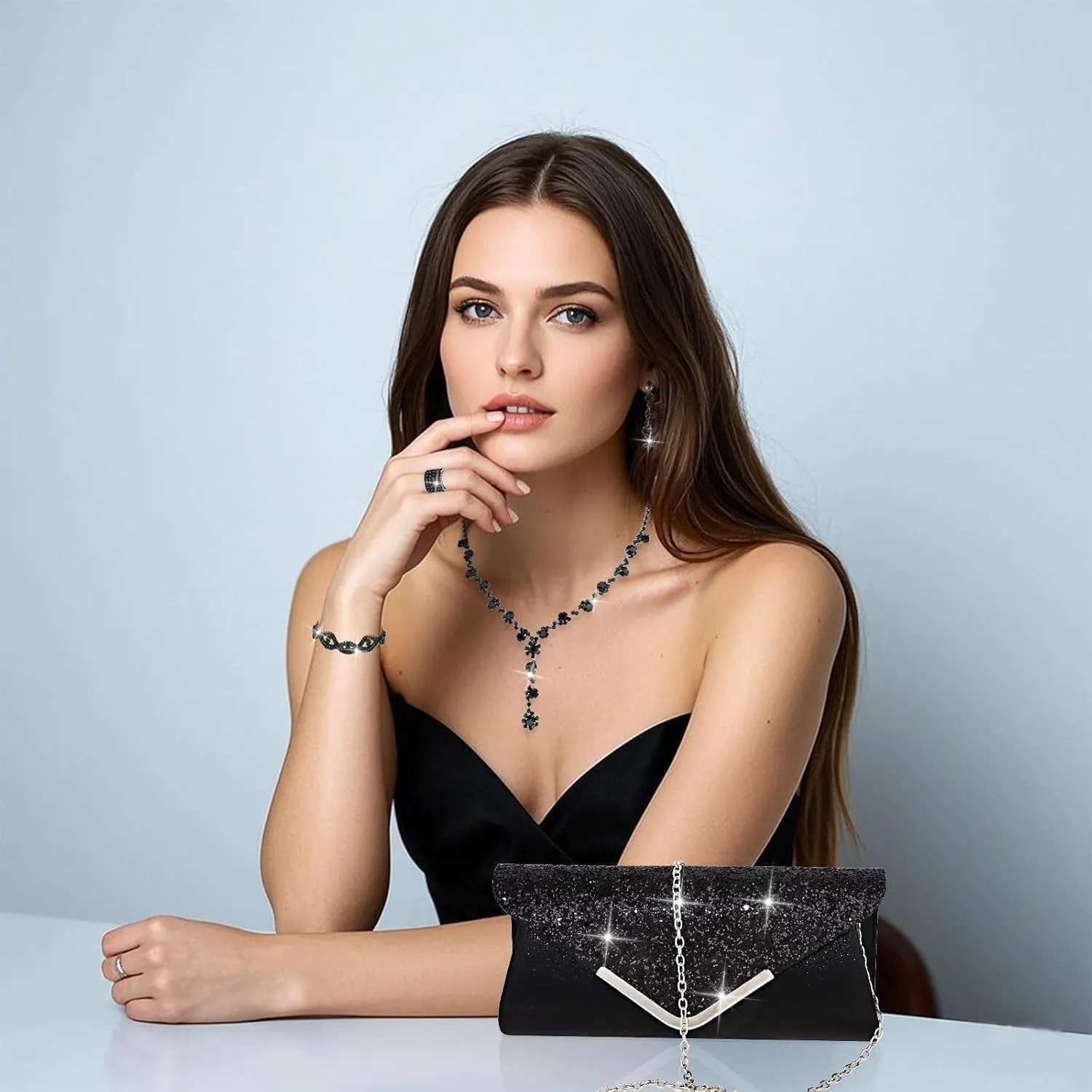Wecoe 5pcs/set Jewelry Purse Set For Women Clutch Handbags Rhinestone Diamond Necklaces Bracelets Earrings Ring Set Wedding Bridal Prom Homecoming Costume Jewelry Formal Evening Bag Accessories