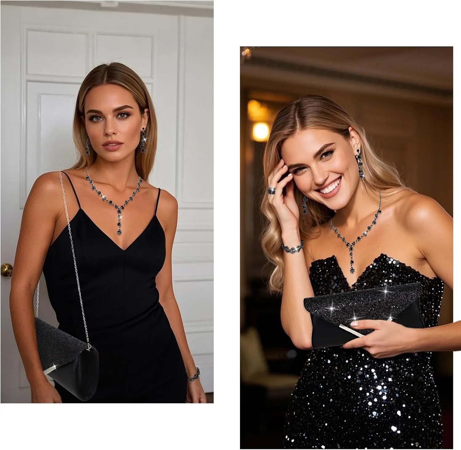 Wecoe 5pcs/set Jewelry Purse Set For Women Clutch Handbags Rhinestone Diamond Necklaces Bracelets Earrings Ring Set Wedding Bridal Prom Homecoming Costume Jewelry Formal Evening Bag Accessories