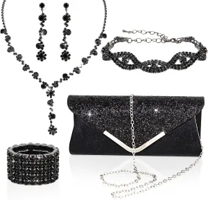 Wecoe 5pcs/set Jewelry Purse Set For Women Clutch Handbags Rhinestone Diamond Necklaces Bracelets Earrings Ring Set Wedding Bridal Prom Homecoming Costume Jewelry Formal Evening Bag Accessories