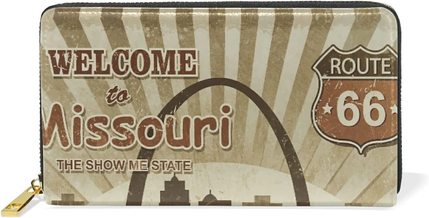 Welcome Missouri Retro Poster Leather Long Wallet Organizer with Zipper Purse Clutch Bag for Women Men